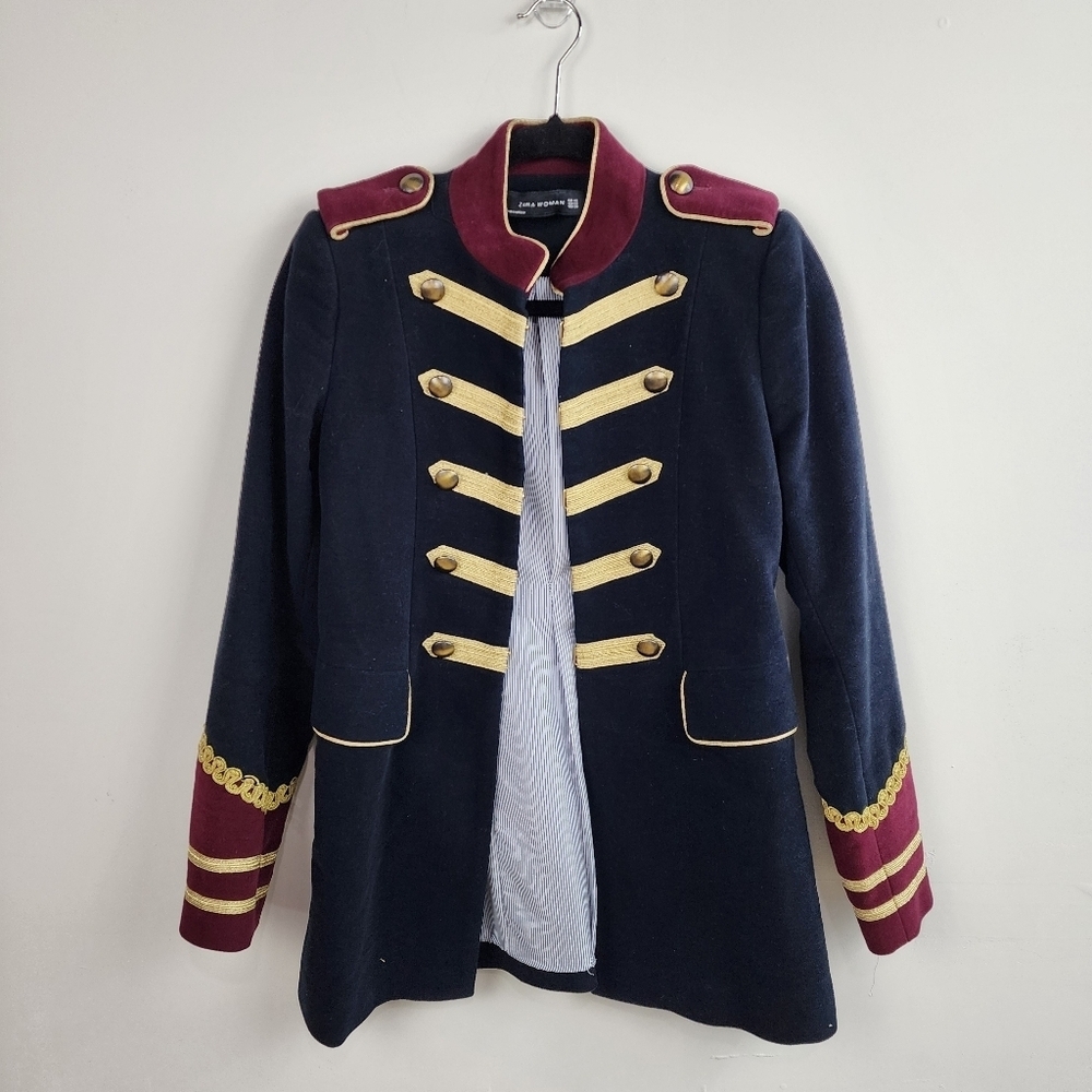 Zara Navy and Burgundy Military Jacket with Gold Details, Size Xs